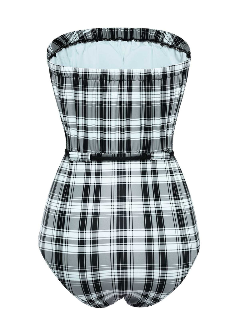 1950s Strapless Plaids One-Piece Swimsuit