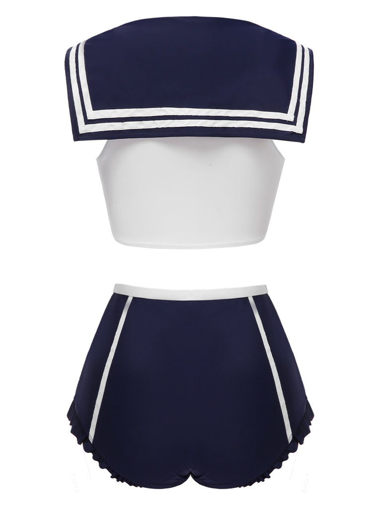 [Pre-Sale] Dark Blue 1970s Sailor Collar Bow Swimsuit