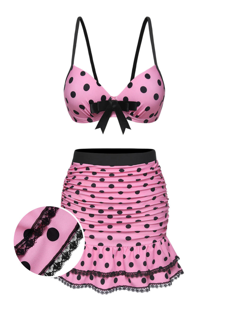 [Pre-Sale] Pink 1950s Polka Dot Halter Skirt Swimsuit