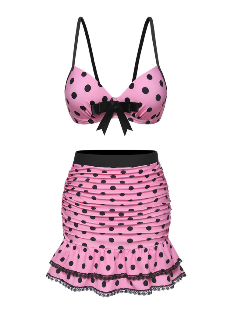 [Pre-Sale] Pink 1950s Polka Dot Halter Skirt Swimsuit