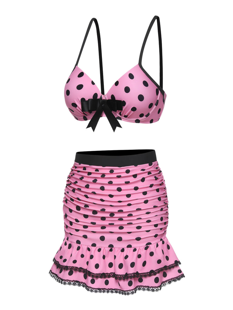 [Pre-Sale] Pink 1950s Polka Dot Halter Skirt Swimsuit