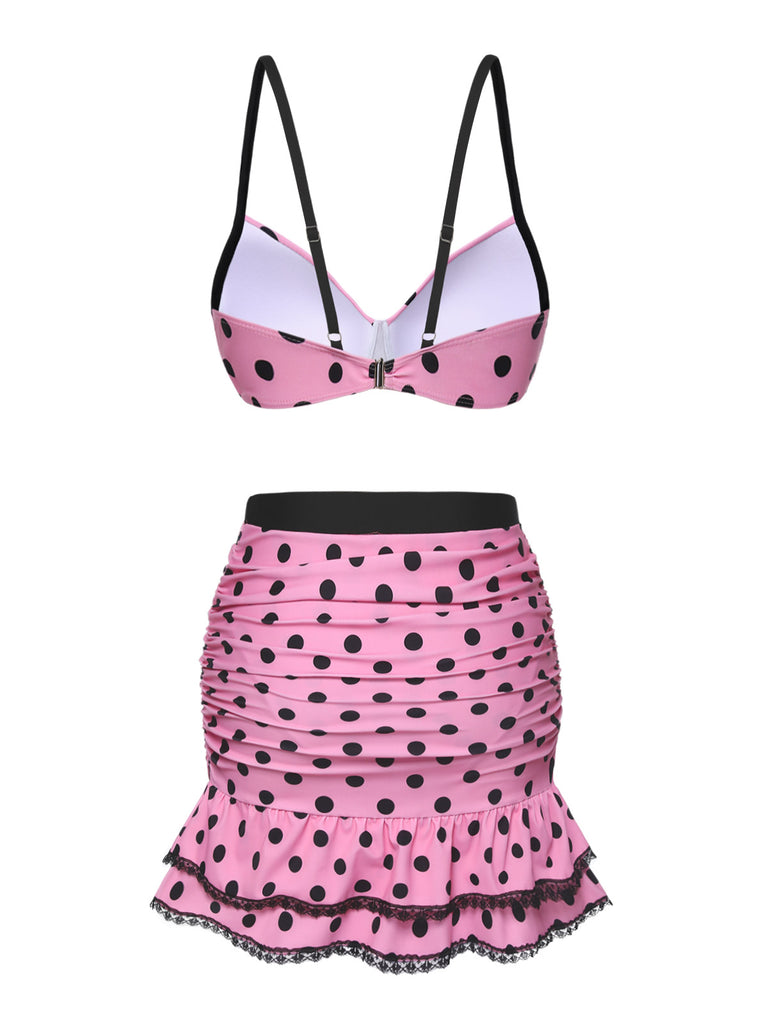 [Pre-Sale] Pink 1950s Polka Dot Halter Skirt Swimsuit