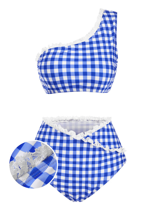 [Pre-Sale] Blue 1950s One-shoulder Plaid Swimsuit