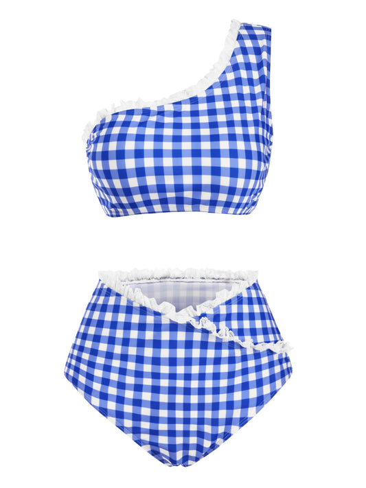 [Pre-Sale] Blue 1950s One-shoulder Plaid Swimsuit