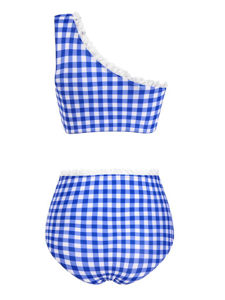 [Pre-Sale] Blue 1950s One-shoulder Plaid Swimsuit