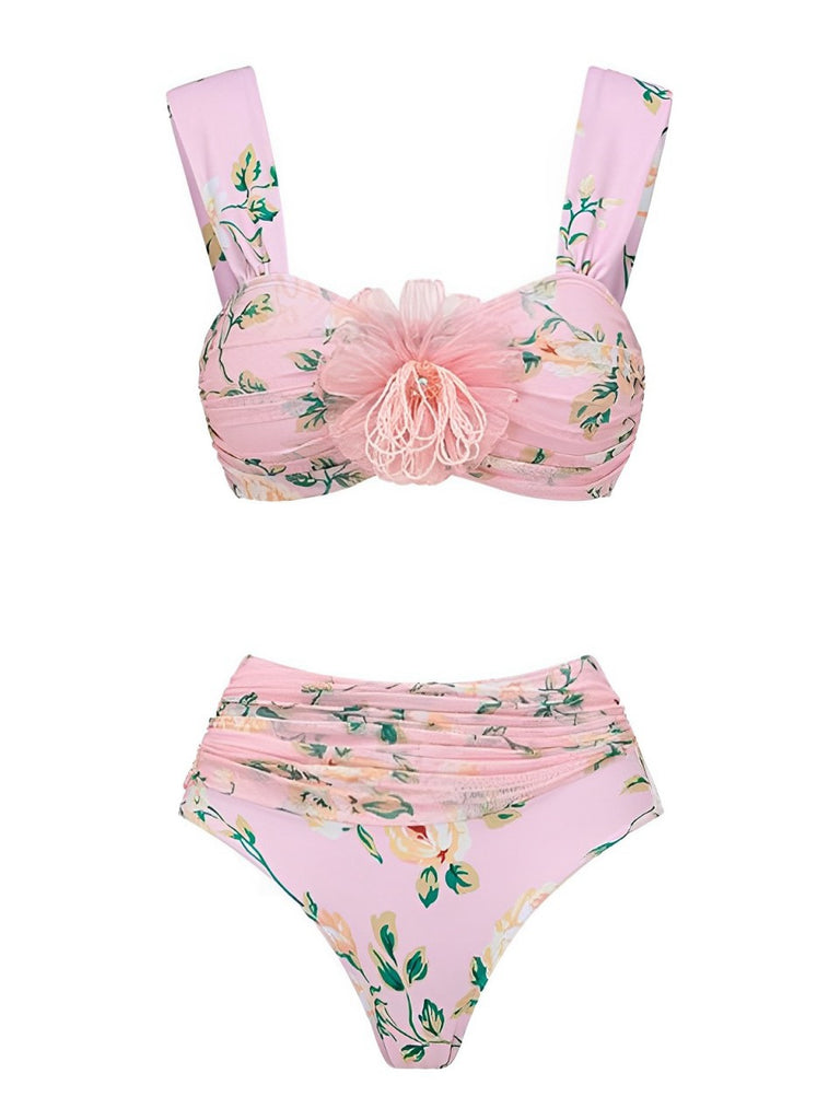 Pink 1930s Handmade 3D Flower Pleated Swimsuit