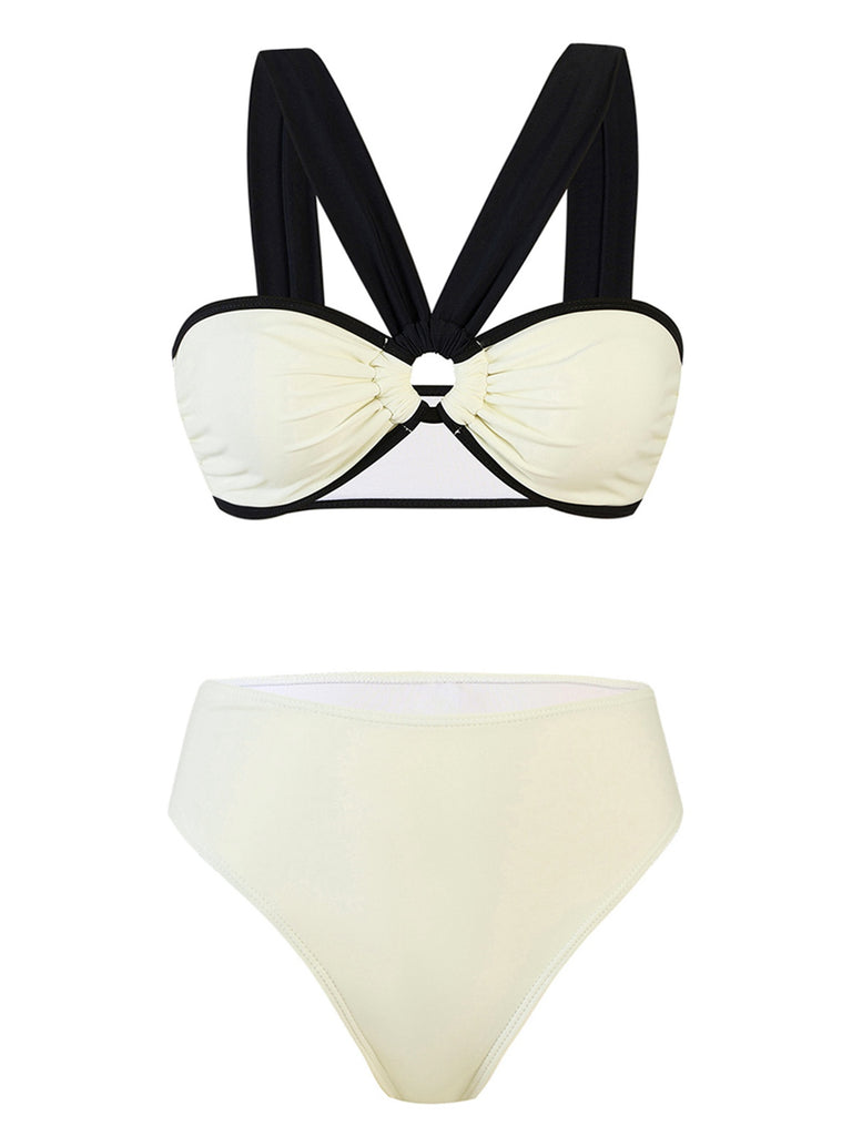 White 1950s Colorblock Wide-Straps Swimsuit