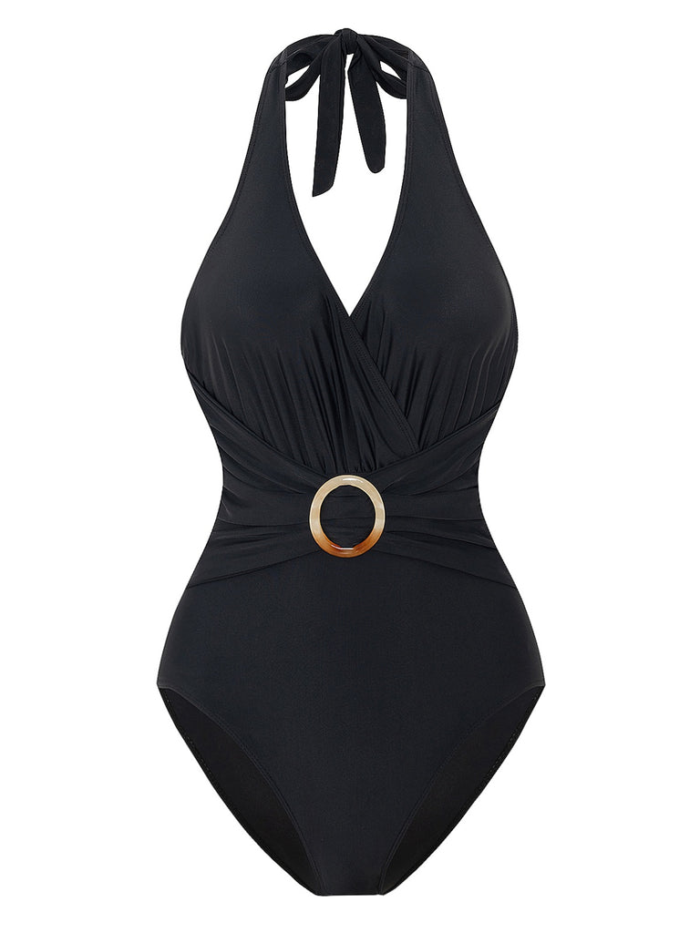 1960s Solid Ring Belt Halter Swimsuit