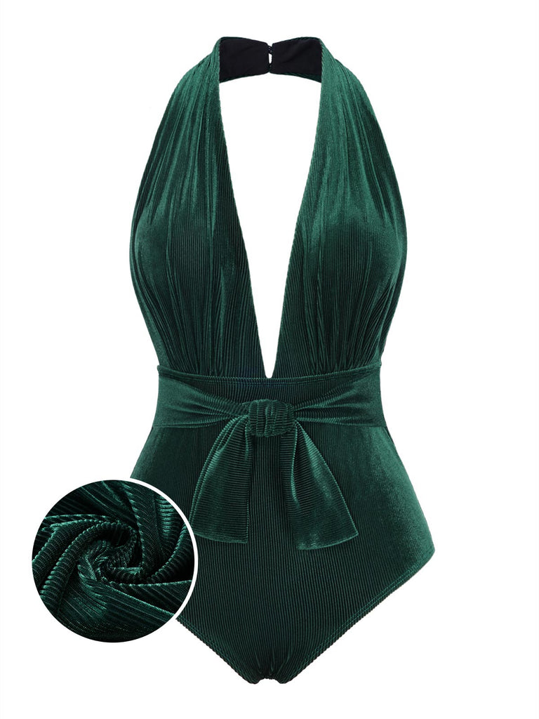 [Pre-Sale] Dark Green 1970s Velvet Deep V-Neck Swimsuit