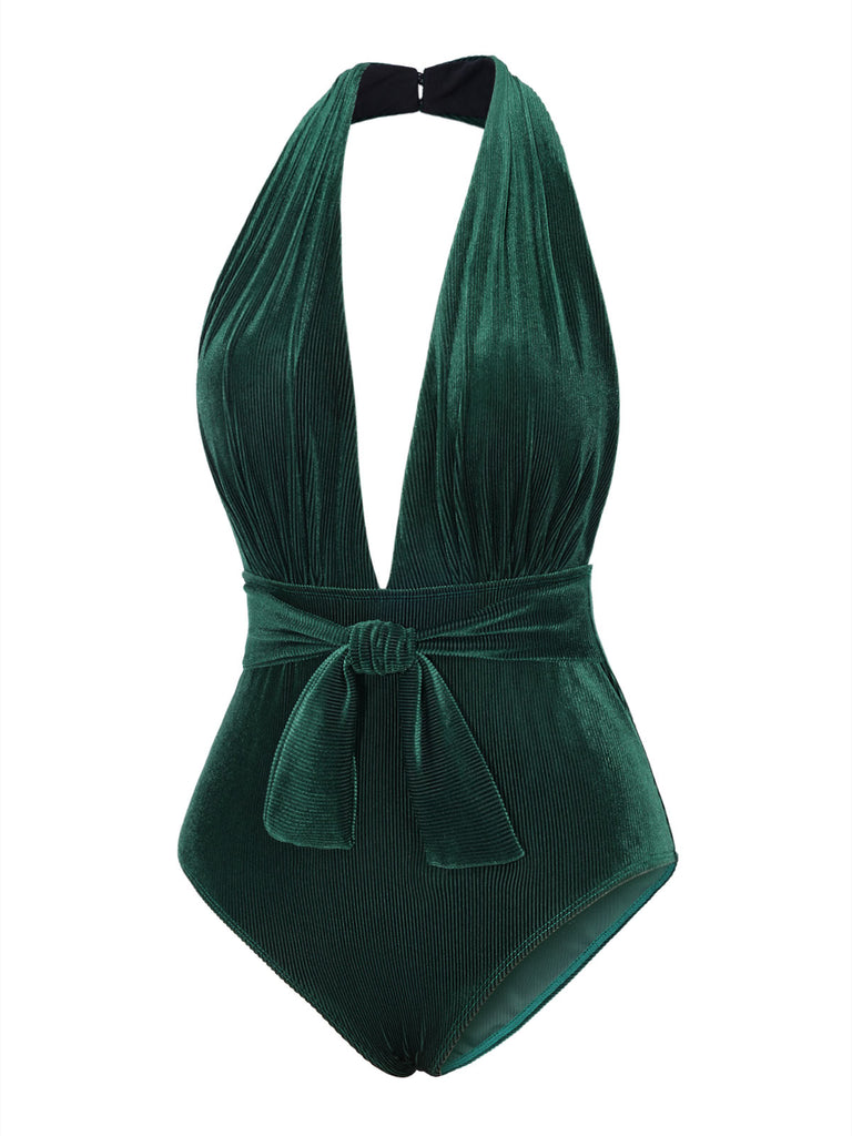 [Pre-Sale] Dark Green 1970s Velvet Deep V-Neck Swimsuit