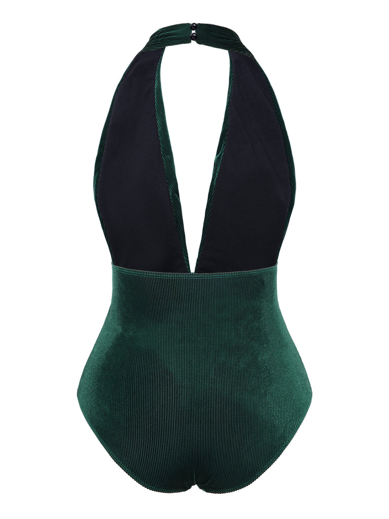 [Pre-Sale] Dark Green 1970s Velvet Deep V-Neck Swimsuit