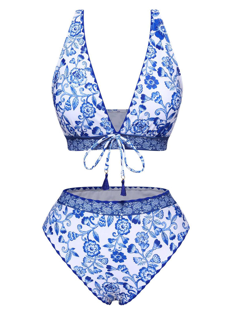 Blue 1970s Floral High-Waist Swimsuit