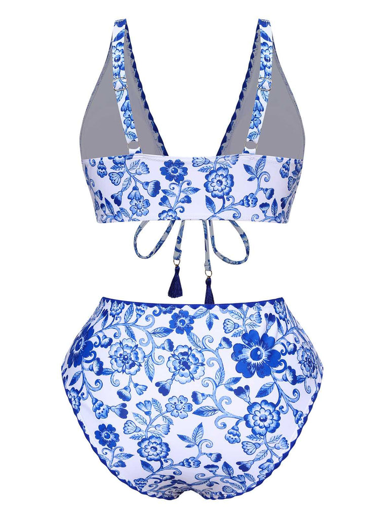 Blue 1970s Floral High-Waist Swimsuit