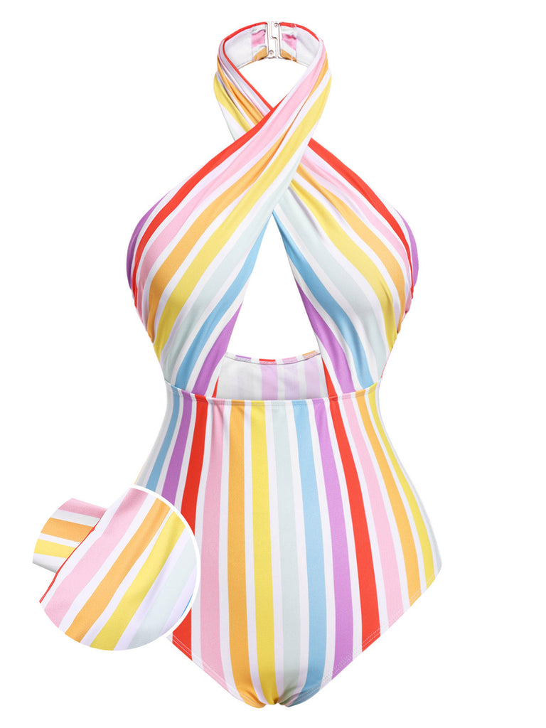 [Pre-Sale] Multicolor 1960s Rainbow Stripe Halter Swimsuit