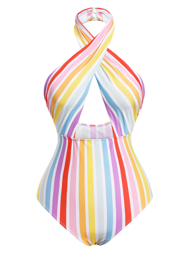 [Pre-Sale] Multicolor 1960s Rainbow Stripe Halter Swimsuit