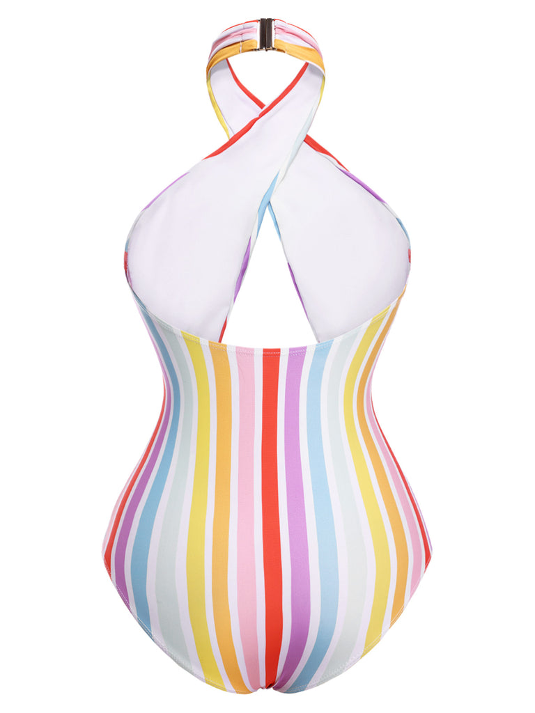 [Pre-Sale] Multicolor 1960s Rainbow Stripe Halter Swimsuit