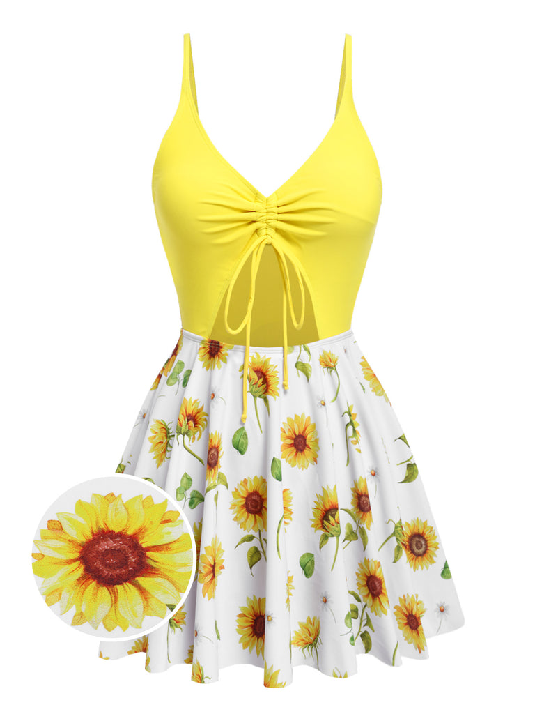 [Pre-Sale] Yellow 1930s Sunflower Drawstring Halter Swimsuit