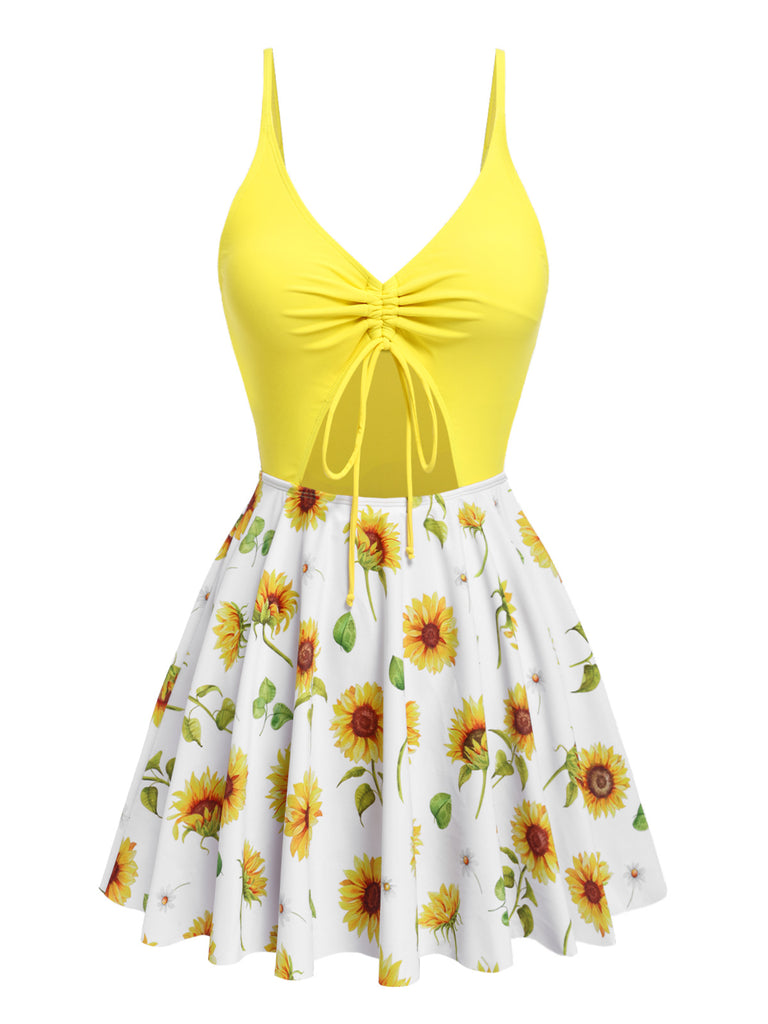 [Pre-Sale] Yellow 1930s Sunflower Drawstring Halter Swimsuit