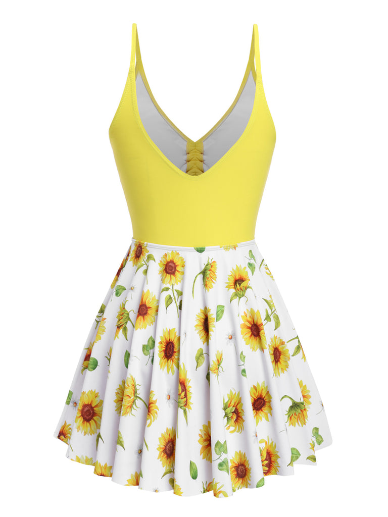 [Pre-Sale] Yellow 1930s Sunflower Drawstring Halter Swimsuit