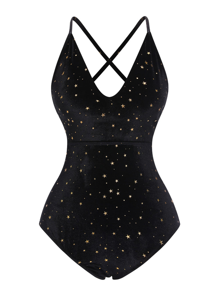 Black 1960s Velvet Back Cross Straps Swimsuit