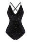 Black 1960s Velvet Back Cross Straps Swimsuit