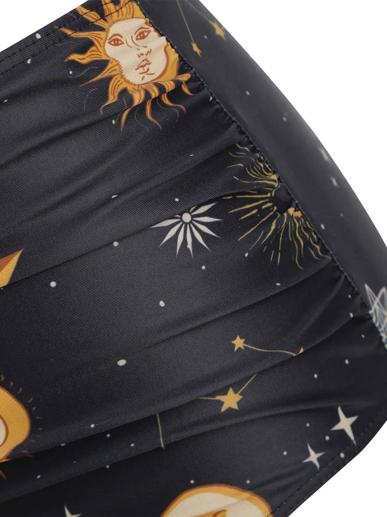 Black 1940s Sun Moon Stars Lace-Up Swimsuit