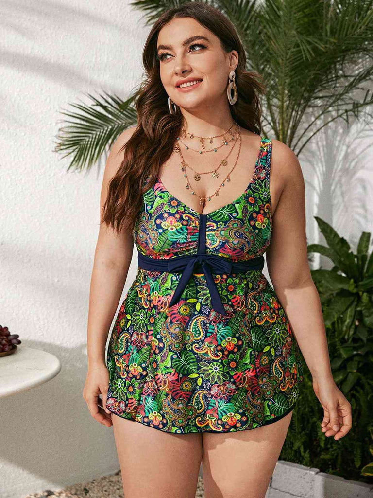 [Plus Size] Green 1960s Hippie Prints Bow Tankini