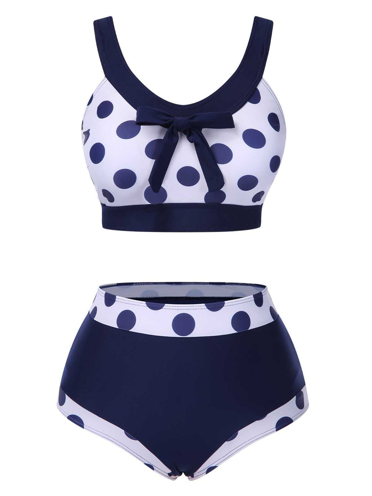 Navy Blue 1950s Polka Dots High-Waist Swimsuit