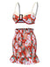 2PCS Red 1960s Floral Wide-Strap Smocked Swimsuit & Skirt