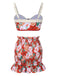 2PCS Red 1960s Floral Wide-Strap Smocked Swimsuit & Skirt