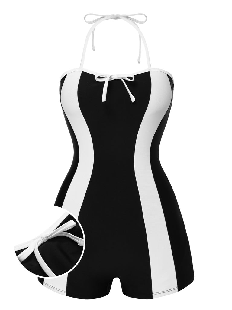 [Pre-Sale] Black 1960s Striped Halter Bow Swimsuit