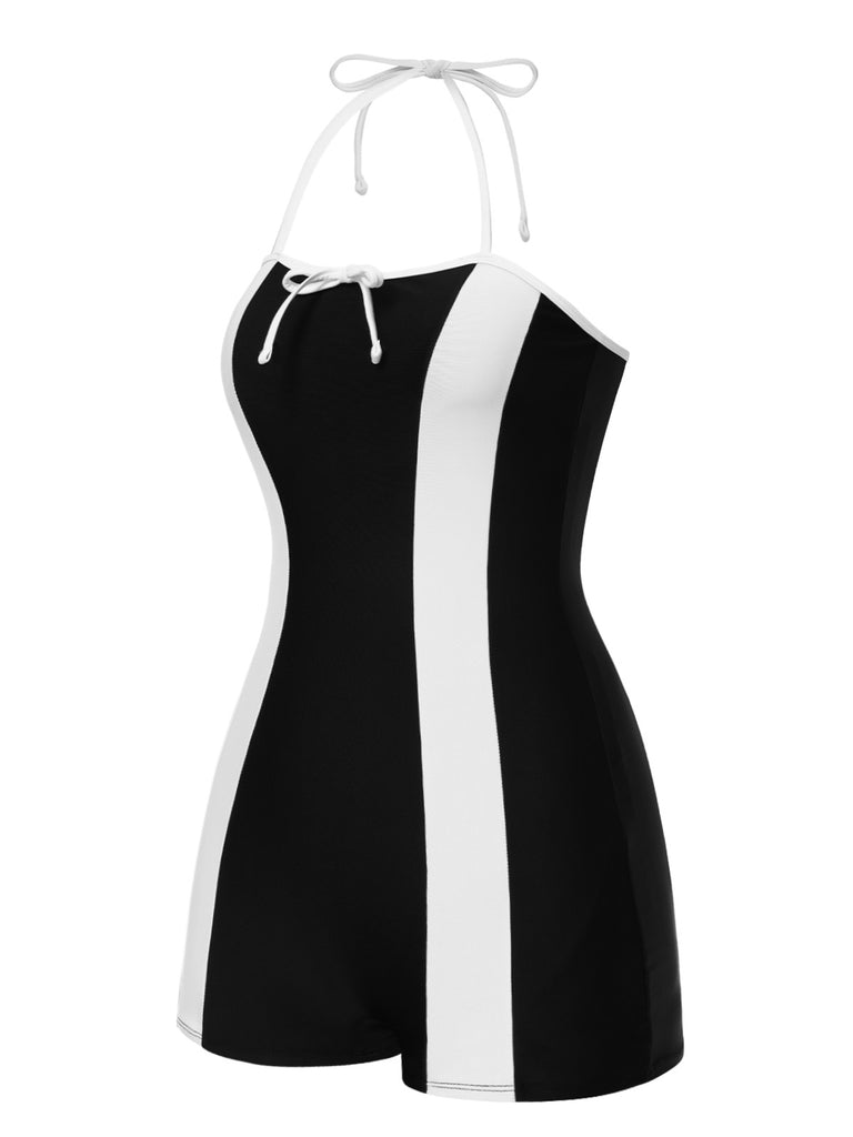 [Pre-Sale] Black 1960s Striped Halter Bow Swimsuit