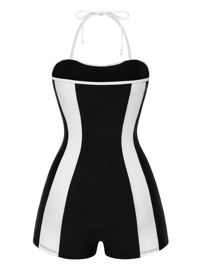 [Pre-Sale] Black 1960s Striped Halter Bow Swimsuit