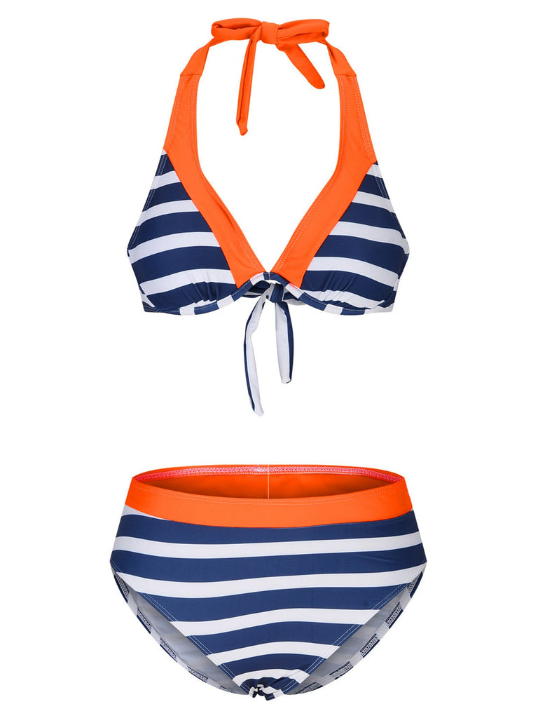 Orange & Blue 1960s Halter Striped Swimsuit