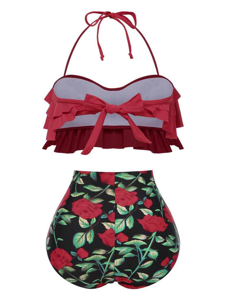 Red 1930s Rose Ruffle Halter Swimsuit