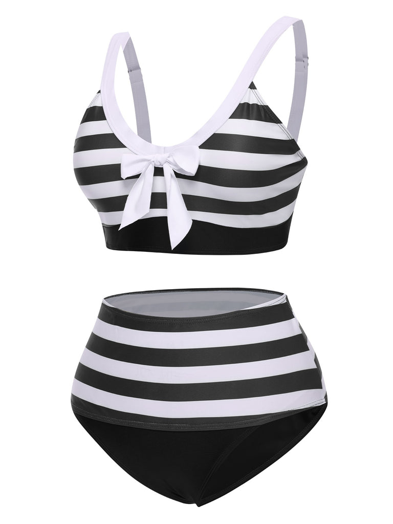 1960s V-Neck Bow Straps Stripes Swimsuit