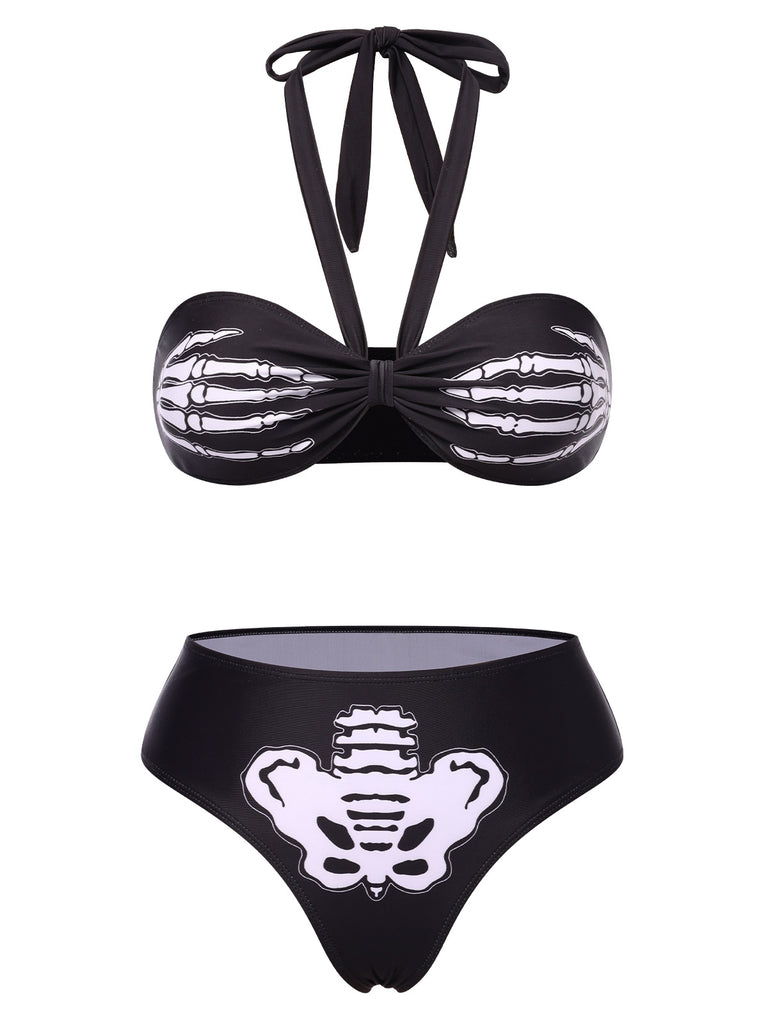 Black 1970s Skeleton Hand Halter Bikini Set