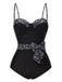 Black 1930s Spaghetti Strap Polka Dots Bow Swimsuit