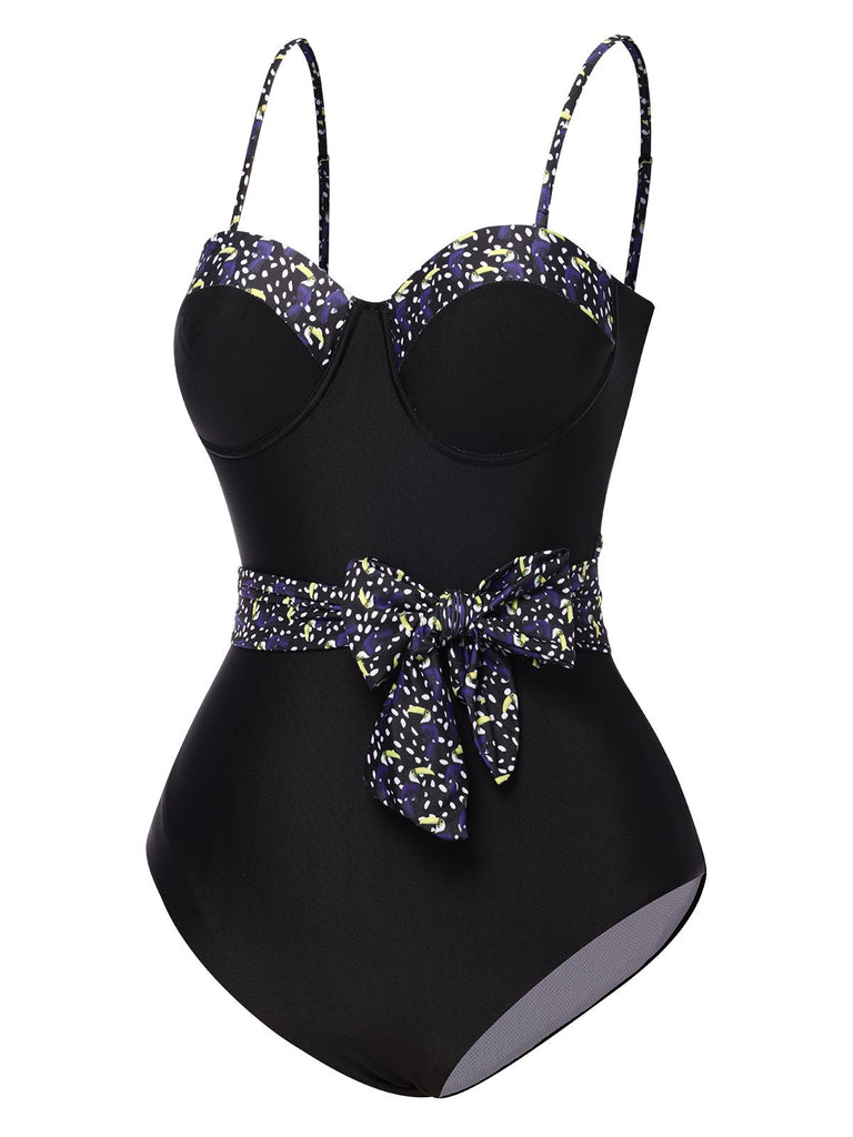 Black 1930s Spaghetti Strap Polka Dots Bow Swimsuit