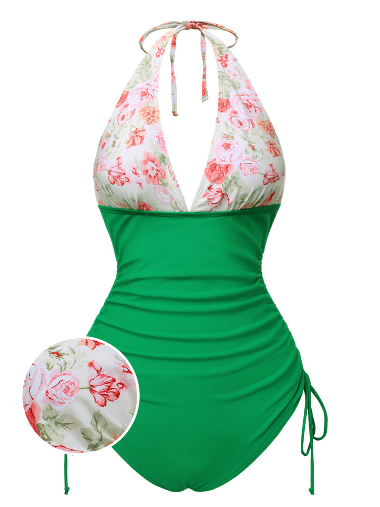 [Pre-Sale] Green 1930s Halter Roses One-Piece Swimsuit