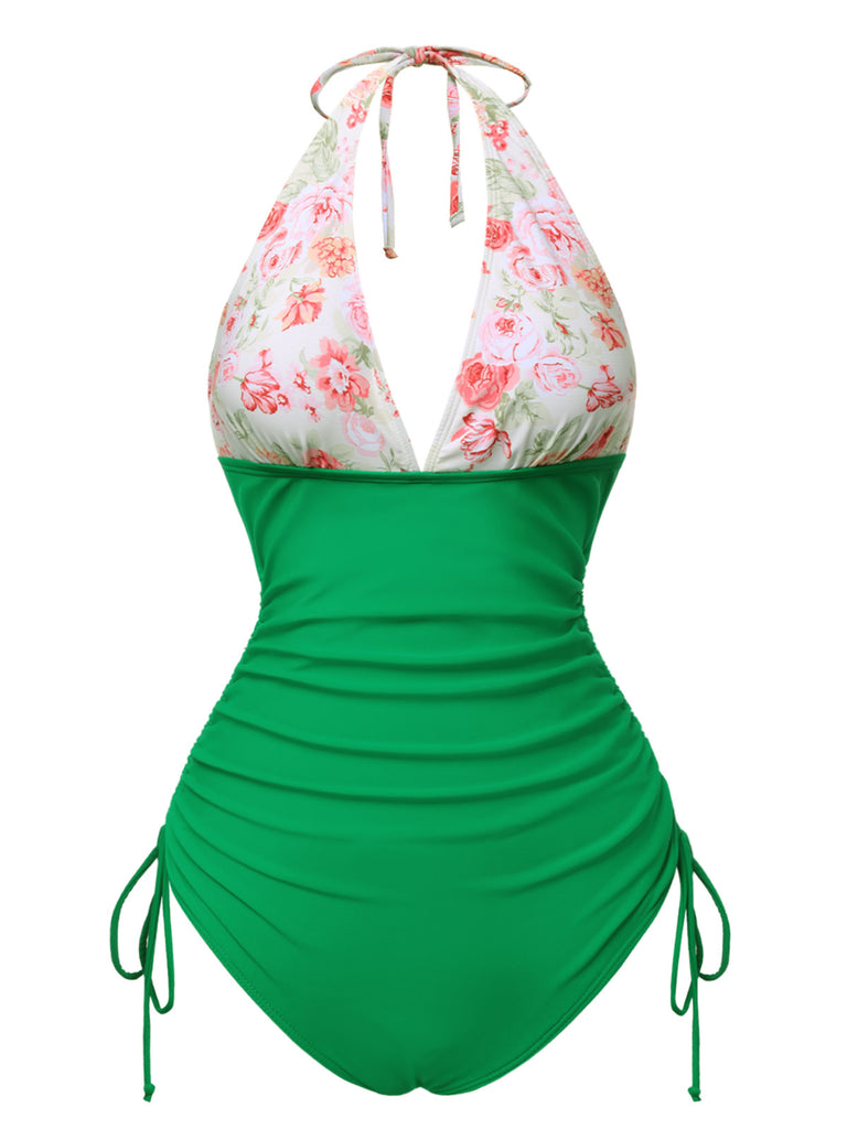 [Pre-Sale] Green 1930s Halter Roses One-Piece Swimsuit