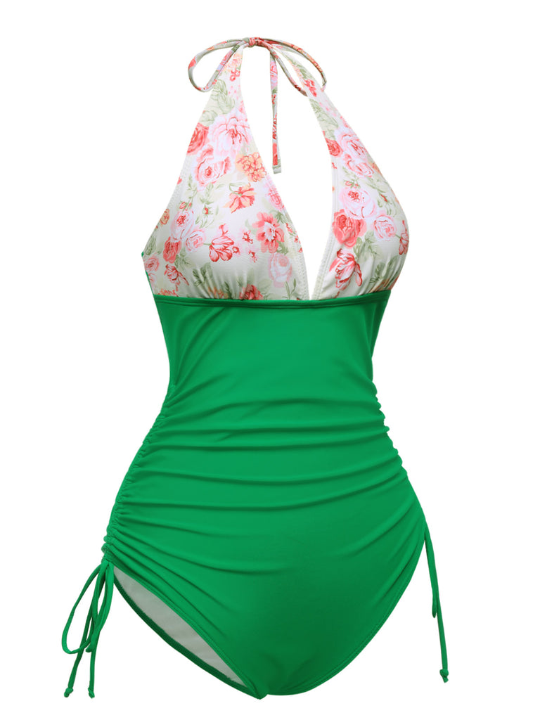 [Pre-Sale] Green 1930s Halter Roses One-Piece Swimsuit