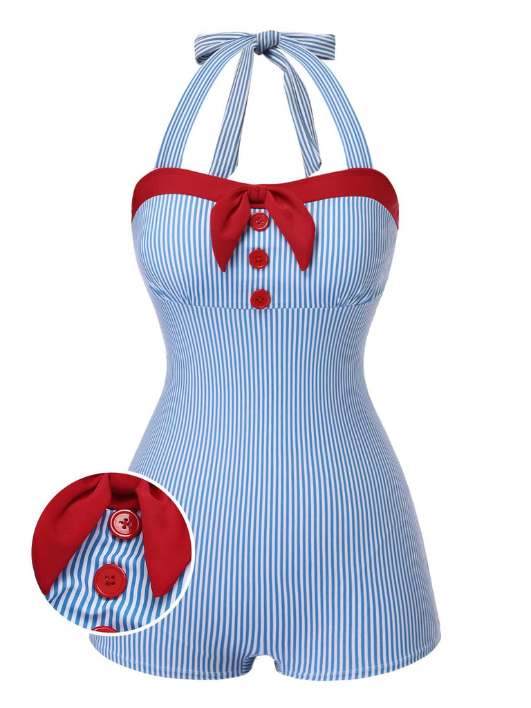 [Pre-Sale] Blue 1940s Halter Stripes Color Block Swimsuit