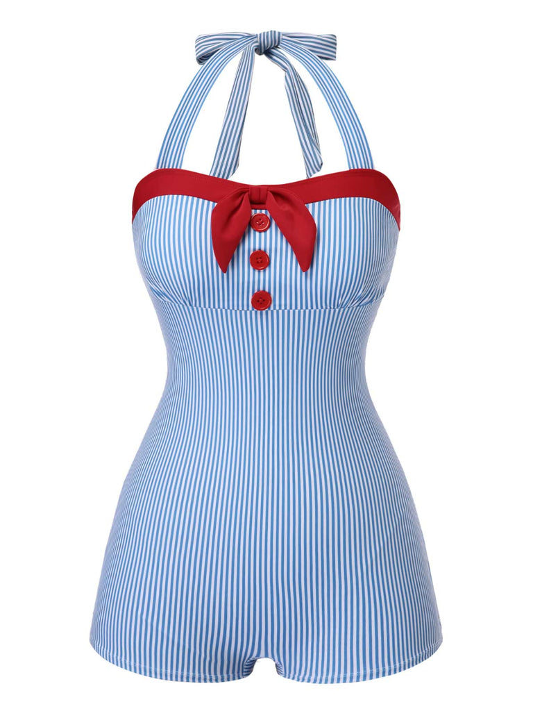 [Pre-Sale] Blue 1940s Halter Stripes Color Block Swimsuit