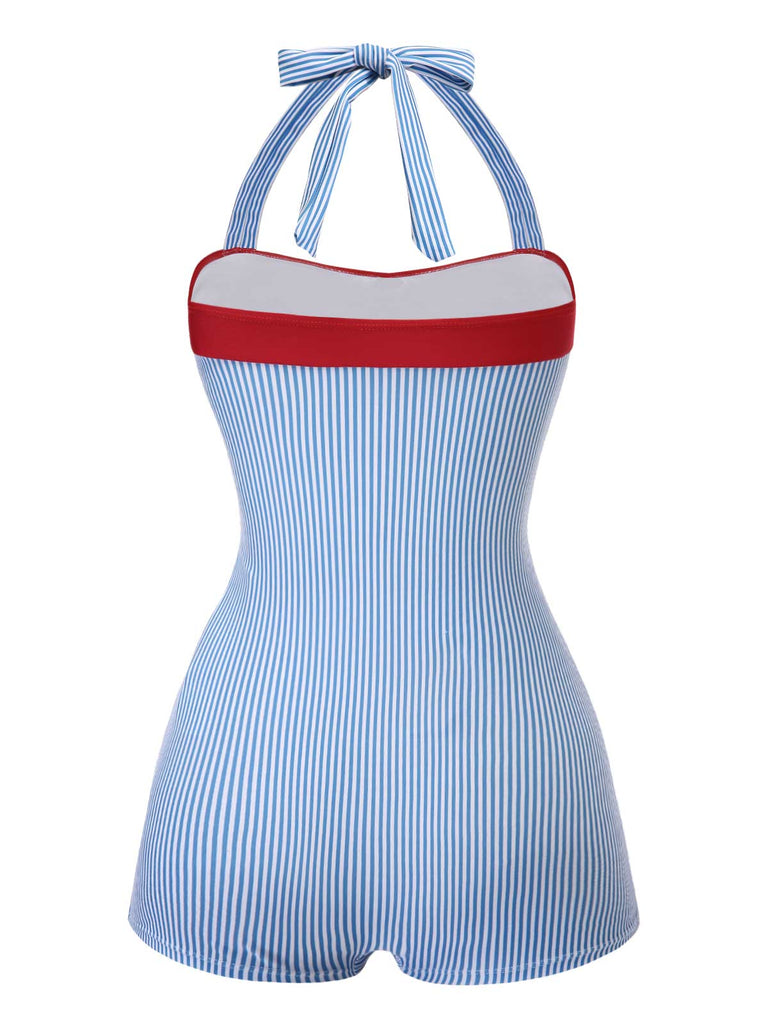 [Pre-Sale] Blue 1940s Halter Stripes Color Block Swimsuit