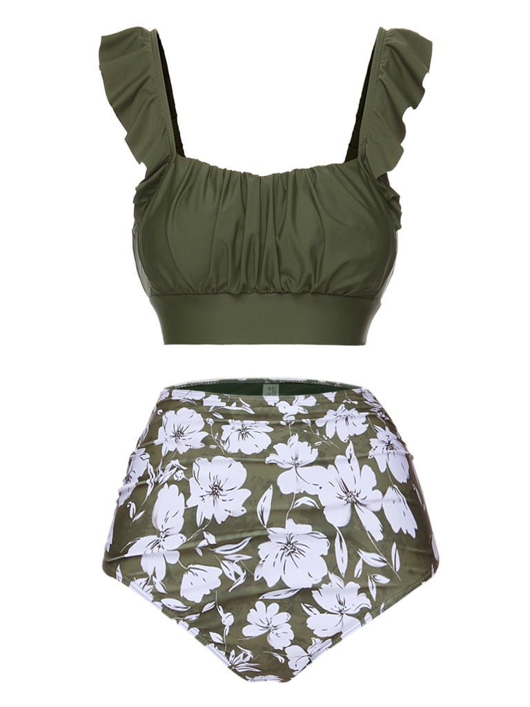 Green 1950s Floral Ruffles Pleated Swimsuit