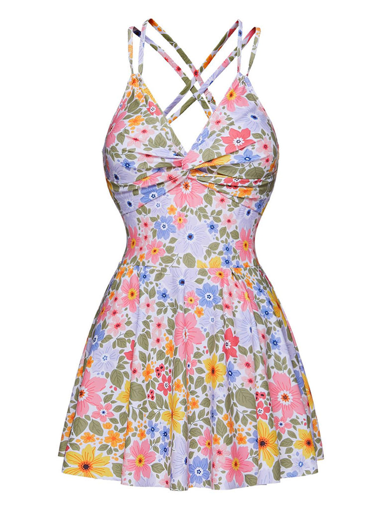 Multicolor 1940s Floral Back Cross Straps Swimsuit