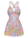 Multicolor 1940s Floral Back Cross Straps Swimsuit