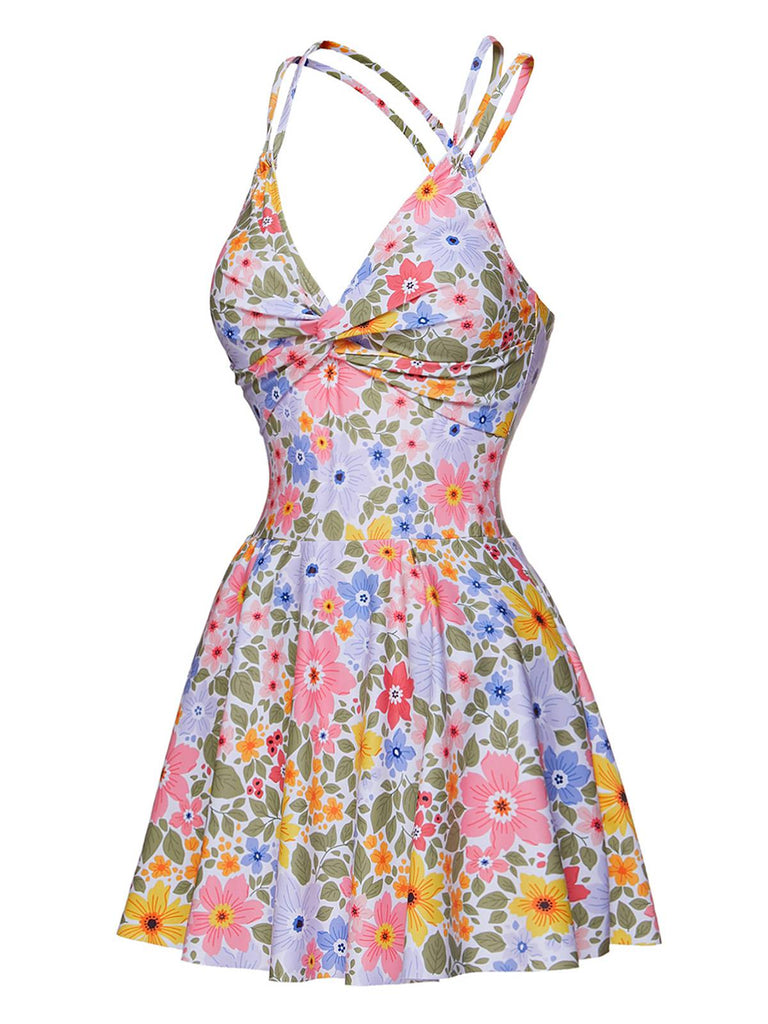 Multicolor 1940s Floral Back Cross Straps Swimsuit