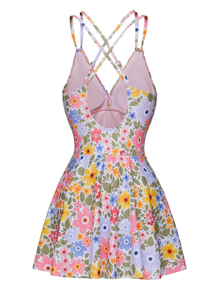 Multicolor 1940s Floral Back Cross Straps Swimsuit